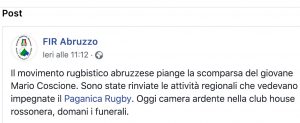 Mario Coscione è morto a 22 anni, il rugby abruzzese piange il suo campione