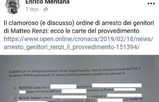 Enrico Mentana pubblica l'indirizzo dei genitori di Renzi. Poi chiede scusa