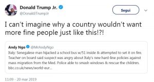 Bus a fuoco, Donald Trump Jr ironizza su Twitter: "Perché non dovremmo volere gente perbene così?"