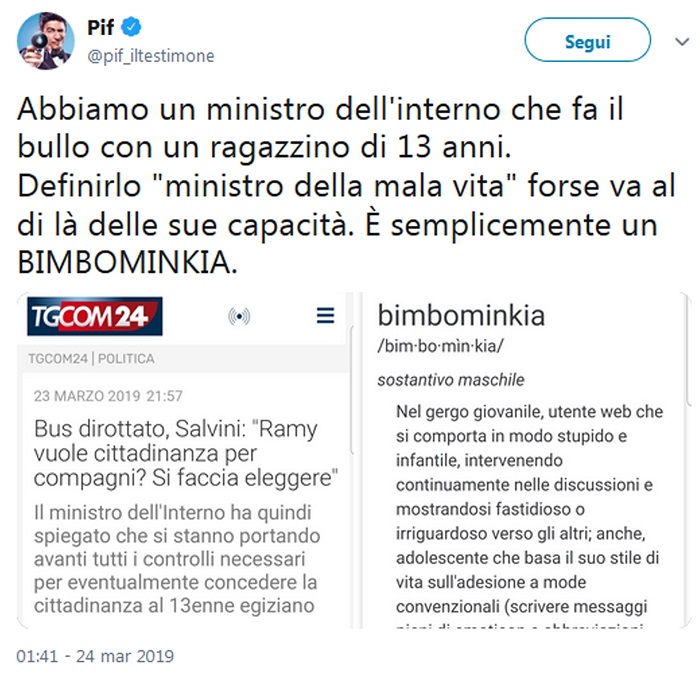 Ramy, Pif "Fatti eleggere per lo Ius Soli? Salvini fa il bullo con un 13enne" 
