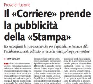 Il Corriere prende la pubblicità della Stampa. Libero: "Prove di fusione"