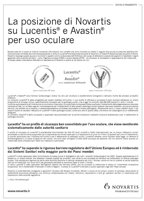 Novartis compra pagina su quotidiani: "Ecco differenze tra Avastin e Lucentis"