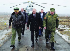 Russian President Vladimir Putin watches military exercises in Leningrad Region