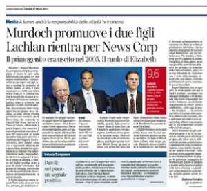 Murdoch promuove i 2 figli, Giuliana Ferraino sul Corriere della Sera