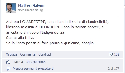 Lega Nord, Matteo Salvini su Fb: "Siamo alla follia, ma Stato non ci fa paura"