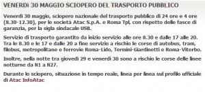 Sciopero trasporti Roma 30 maggio 2014 Atac: orari, fasce di garanzia