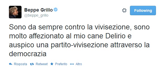 Beppe Grillo su Twitter: "Contro vivisezione, amo il mio cane Delirio"