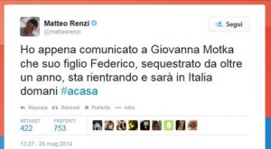 "Federico Motka torna in Italia dalla Siria": Renzi lo annuncia su Twitter