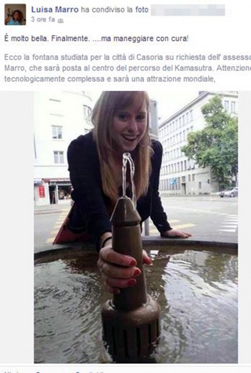 Luisa Marro, assessore di Casoria, condivide foto di fontana-pene su Facebook
