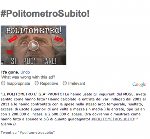 Blog Beppe Grillo: "#politometrosubito, lo hanno usato per il Mose"