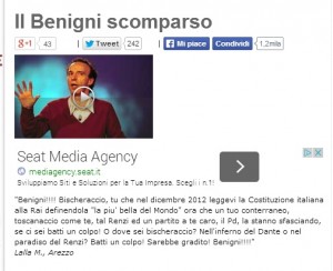 Blog Beppe Grillo a Roberto Benigni: "Batti un colpo per la Costituzione"