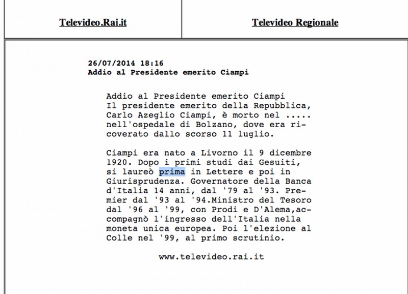 "Addio a Carlo Azeglio Ciampi", gaffe Televideo: "coccodrillo" online per errore