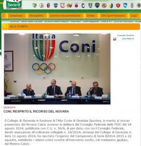 Serie B, ripescaggio: no del Coni a Novara e Matera