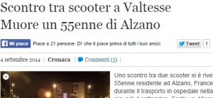 Valtesse, Francesco Puglisi muore nello scontro tra due scooter