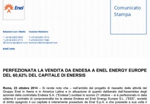 Enel Energy Europe compra da Endesa il 60,62% della cilena Enersis