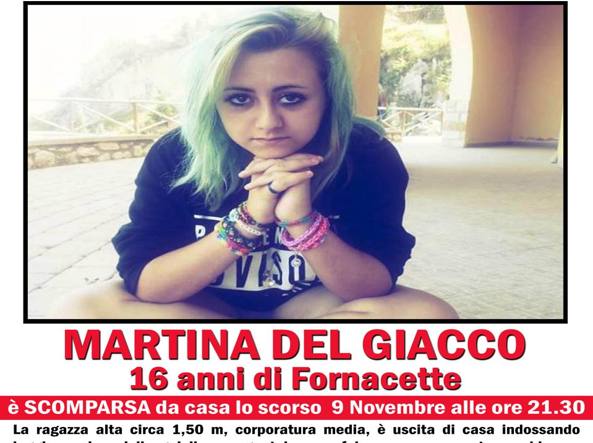 Martina Del Giacco scomparsa a 16 anni, vittima di bulli? FOTO manifesto