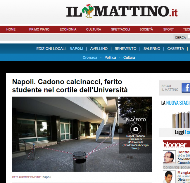 Napoli: cadono calcinacci all'università Parthenope, ferito studente