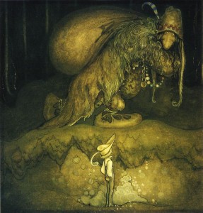 Una  illustrazione del 1915 dello svedese John Bauer per la fiaba di Walter Stenström: Il ragazzo e i troll o l'Avventura