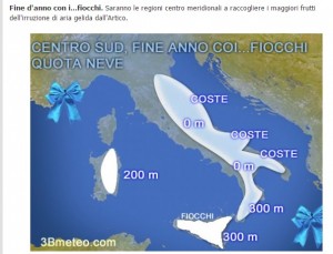 3bmeteo.com, la cartina dell'Italia: dove nevicherà a Capodanno