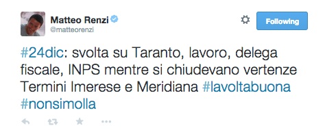 Renzi su Twitter: "Svolta su Taranto, lavoro, delega fiscale, Inps"