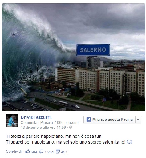 "Tsunami su Salerno", foto razzista su pagina Facebook di Napoli