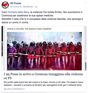 Cremona, 99 Posse su Fb: "Onore a chi lotta. Più bastoni meno tastiere" FOTO