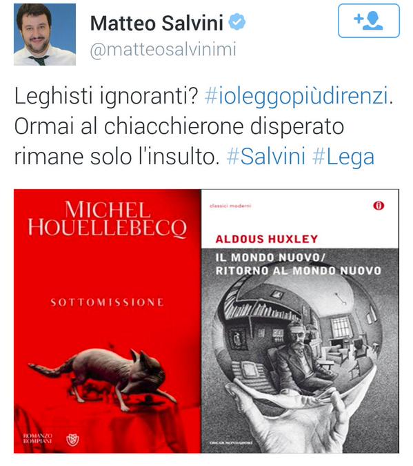 Matteo Salvini, il lettore per finta. Gaffe Twitter su "Sottomissione"