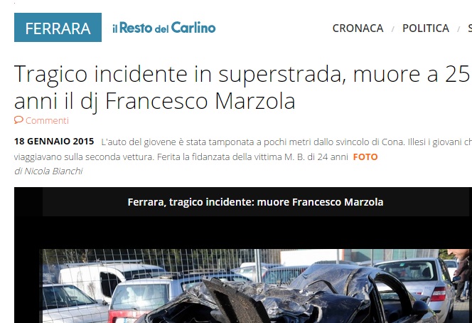 Francesco Marzola morto in incidente stradale a Cona (Ferrara)