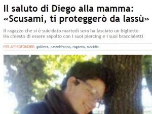 Diego Martini si uccide a 19 anni. Biglietto alla mamma: "Ti proteggo da lassù"