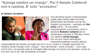 "Kyenge sembra un orango". Per il Senato Calderoli non è razzista. E' solo "eccessivo"