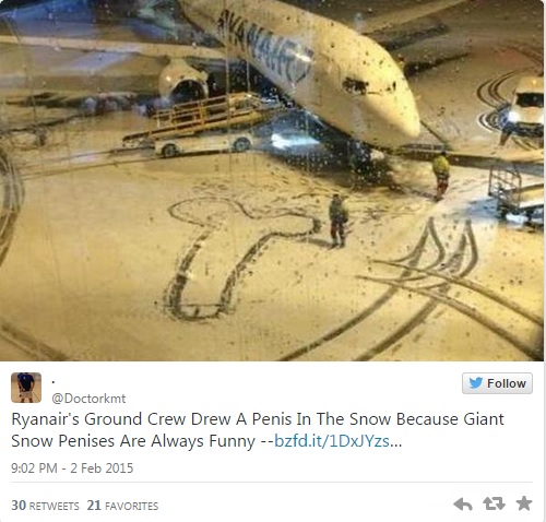 Dublino, pene gigante sulla neve disegnato da personale di terra Ryanair