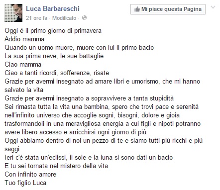 Luca Barbareschi, morta la madre. Su Facebook: "Addio mamma"