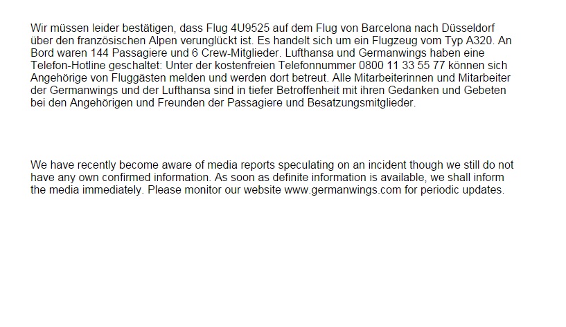 Airbus 4U9525, la nota sul sito GermanWings