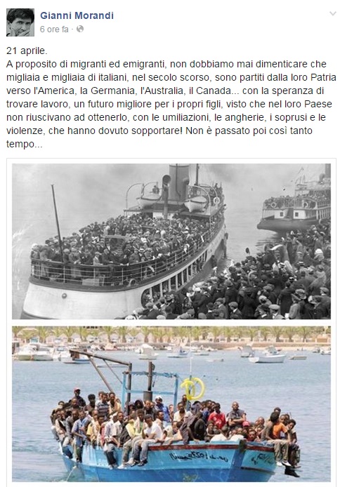 Gianni Morandi su Facebook difende i migranti. Fan lo criticano