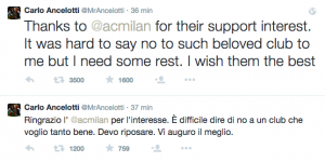 Calciomercato Milan, Carlo Ancelotti dice no: "Devo riposare"