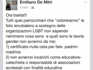 Don Emiliano Di Mitri, post anti lgbt. Qualcuno lo difende: #jesuisdonemiliano