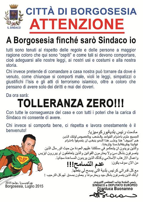 Borgosesia, Gianluca Buonanno-Superman su manifesti in arabo: "Rispetta leggi"