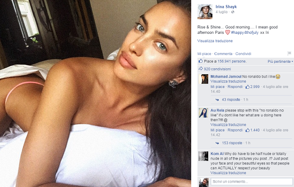 Irina Shayk sexy selfie in topless su Facebook