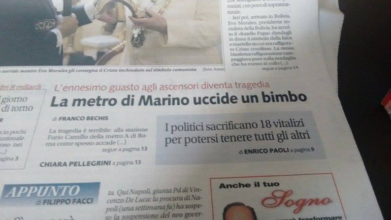 "La metro di Marino uccide un bimbo": il titolo di Libero