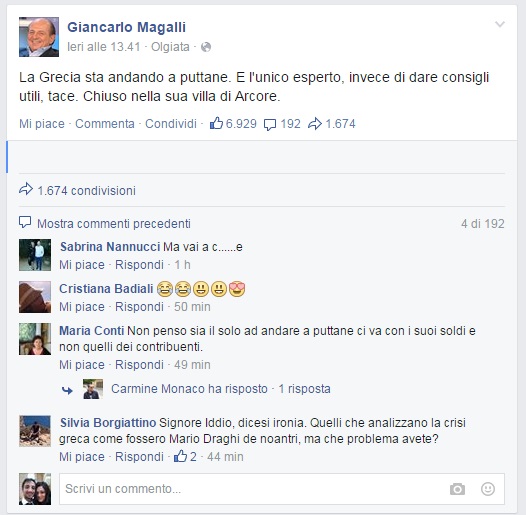 Giancarlo Magalli su Facebook insulta Berlusconi: "La Grecia va a putt.. e l'esperto di Arcore tace"