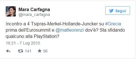 Mara Carfagna su Twitter: "Vertice Grecia senza Renzi, lui gioca a Playstation?"