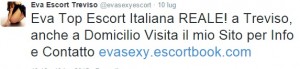 Eva, escort di Treviso su Twitter: 300€ un'ora, 800 una cena
