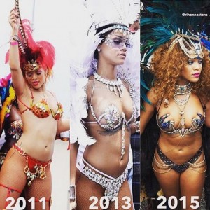 Rihanna al carnevale Barbados: sexy lato A e B. Piume turchesi e gemme
