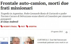 Argentina: morti missionari Leonardo Rasia-Tarcisio Carraro