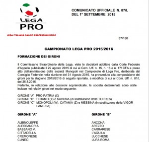 Lega Pro 2015-16: composizione girone A, girone B e girone C
