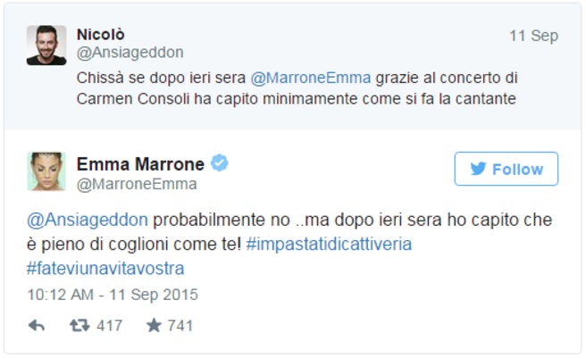 Emma Marrone su Twitter si sfoga: "Sei solo un coglione..."