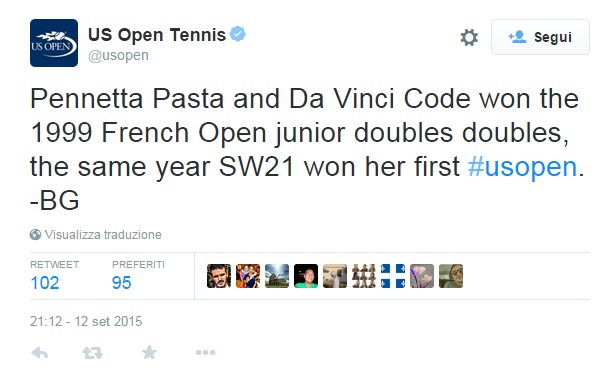 Pennetta Pasta-Da Vinci Code: Twitter Us Open "rosica" FOTO