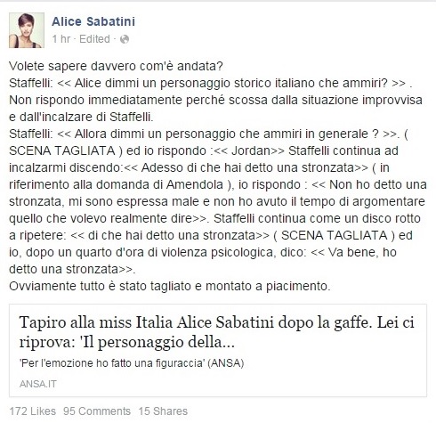 Alice Sabatini: "Striscia-Staffelli, violenza psicologica"