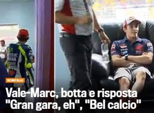 L'incontro-scontro tra Valentino Rossi e Marquez, un'immagine pubblicata dalla Gazzetta dello Sport