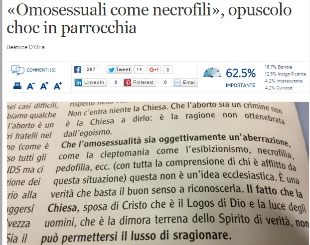 Omosessualità come necrofilia: bollettino in parrocchia FOTO